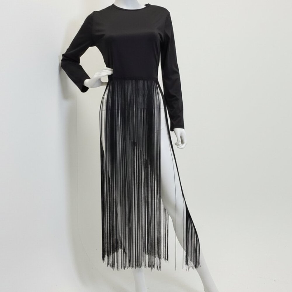 Black Long-Sleeve Fringe Maxi Top – Modern Glam Statement Piece